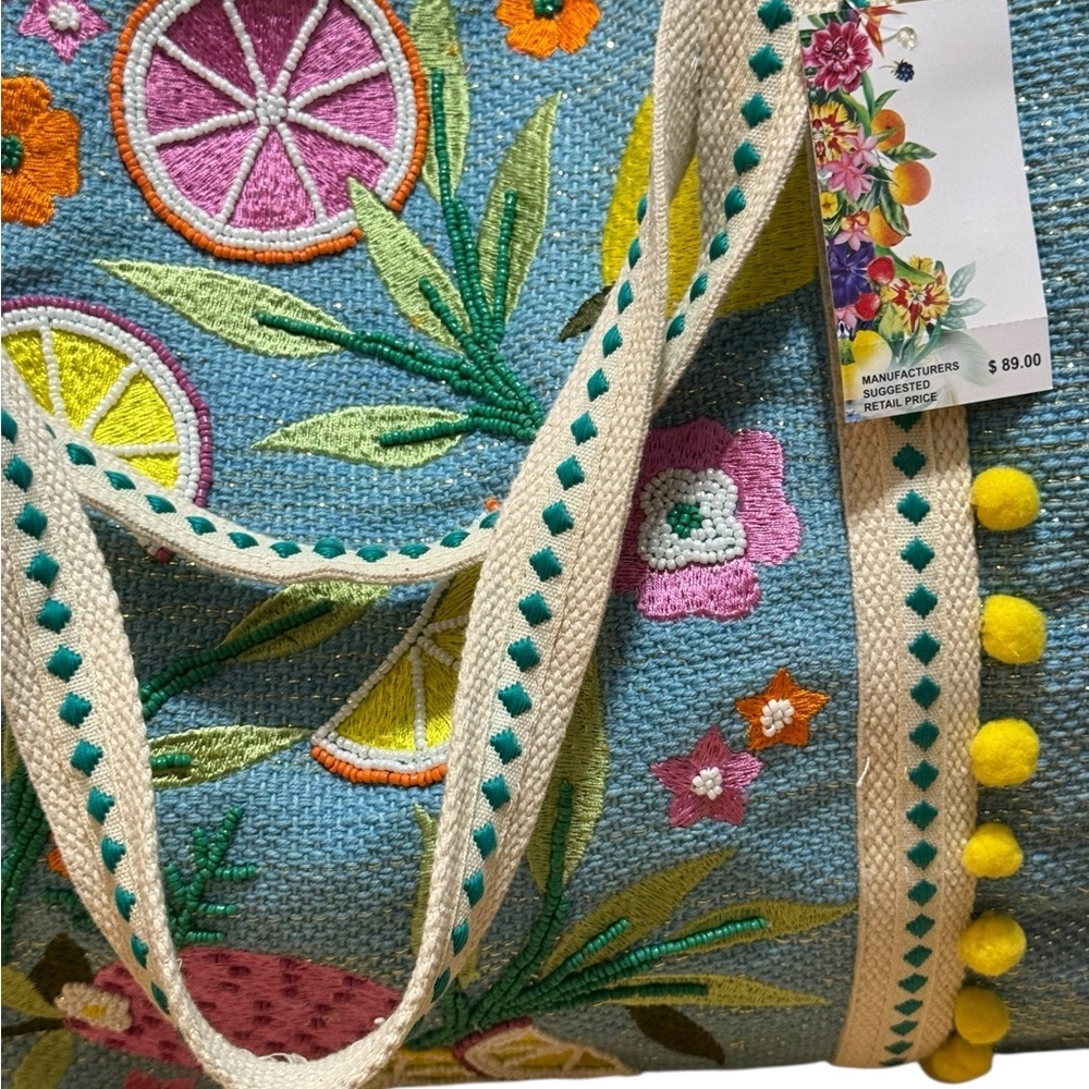 Beach Bag Express Edit Tote-Blue Tropical Embroidered Tote Bag with Pom-Pom Trim - Picture 3 of 16